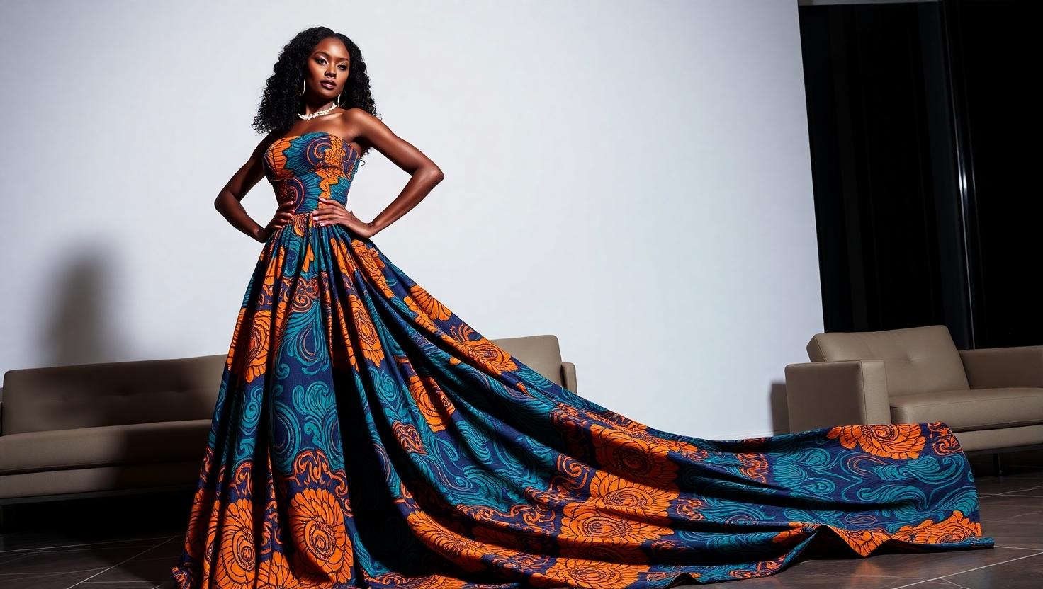 Elegant African woman in luxury evening wear showcasing Nigerian fashion excellence